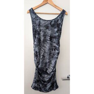 Blue Black Tie-Dye Print Sleeveless Ruched Midi Bodycon Dress